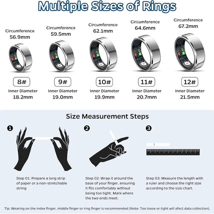 Sleep Tracker Ring with Heart Rate, Waterproof Fitness Ring for Activity Monitoring/Steps/Distance/Calories, Air Gestures, up to 7-Day Battery, for Ios Android (Silver,#12)