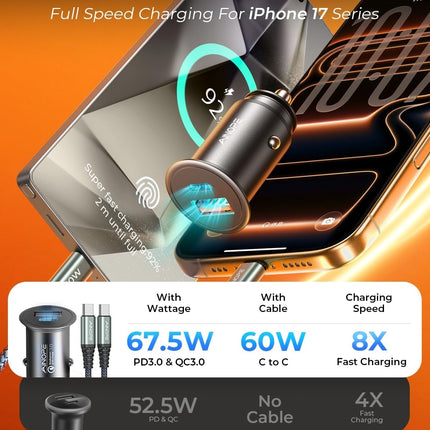 67.5W for Iphone 17 Car Charger USB C Fast Charge, PD 45W USB C Car Charger Adapter, All Metal Cigarette Lighter Adapter Fit Iphone 17 Pro 16 15 Pro Max Air Samsung S25 Android